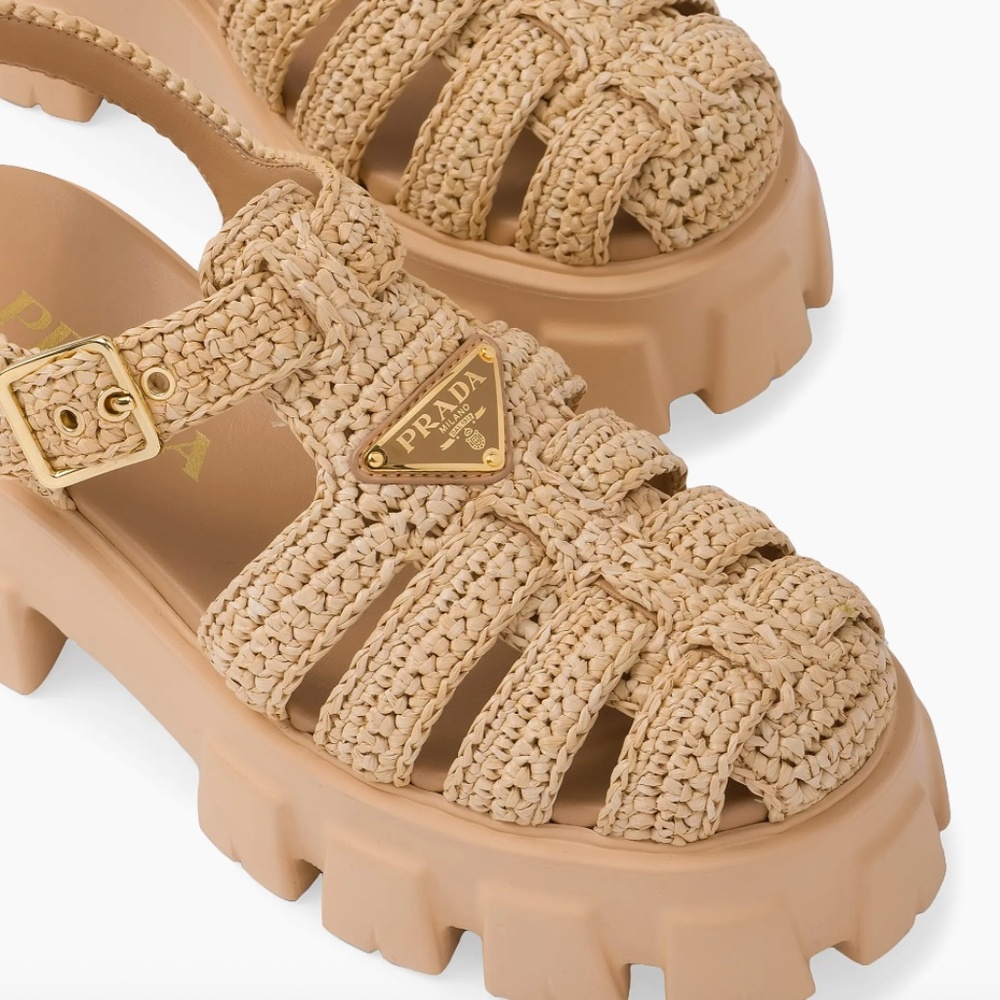 PRADA Monolith Crochet Cage Sandals Beige Khaki- 39 - Picture 3 of 14